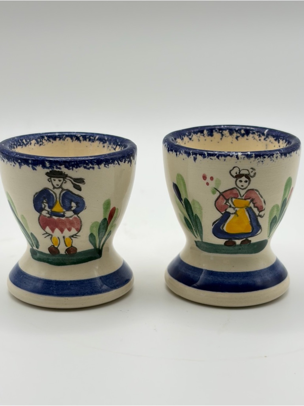 Vintage French Quimper Faience Egg Cups 2 Pc Hand Painted Folk Art Cottagecore